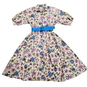 Vintage Floral Midi Button Up Collared Belted Shirt Dress 80s 90s Handmade